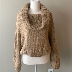 Taupe large cowl neck cable knit cinched sweater